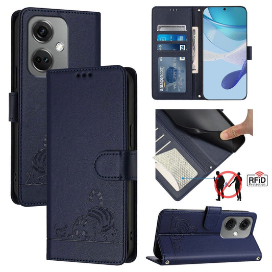For OnePlus Nord CE3 5G India Cat Rat Embossed Pattern RFID Leather Phone Case with Lanyard(Blue) by buy2fix