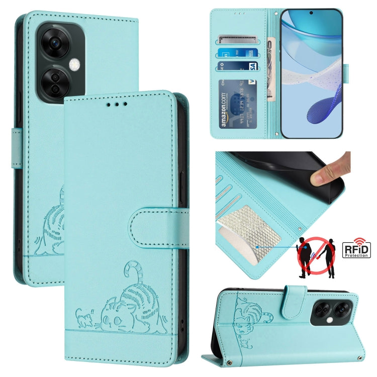 For OnePlus Nord N30 Cat Rat Embossed Pattern RFID Leather Phone Case with Lanyard(Mint Green) by buy2fix