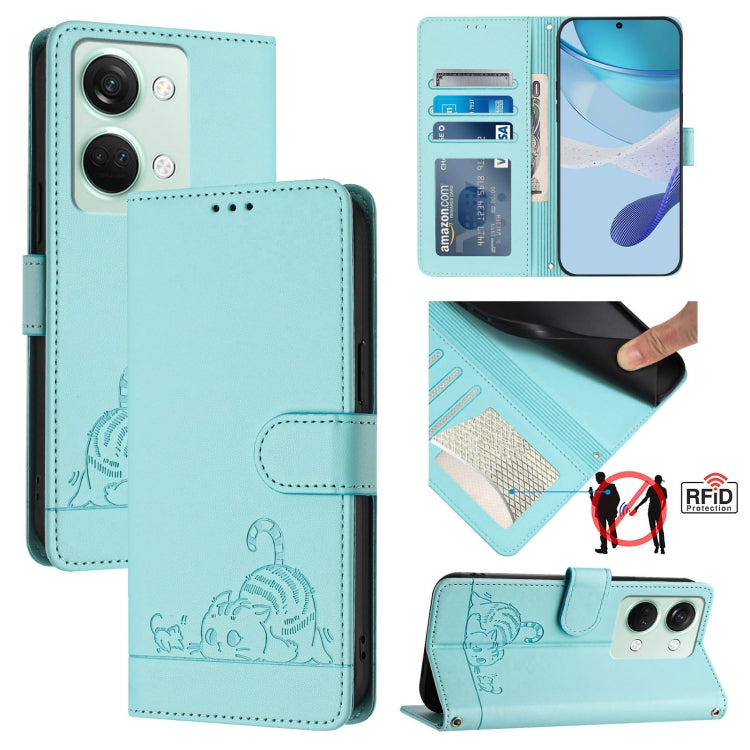For OnePlus Ace 2V / Nord 3 Cat Rat Embossed Pattern RFID Leather Phone Case with Lanyard(Mint Green) by buy2fix