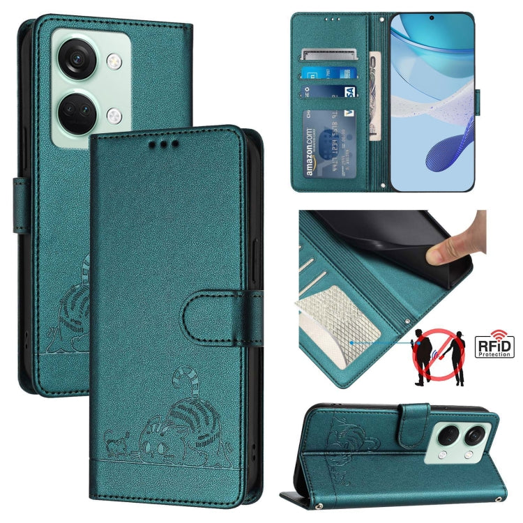 For OnePlus Ace 2V / Nord 3 Cat Rat Embossed Pattern RFID Leather Phone Case with Lanyard(Peacock Green) by buy2fix