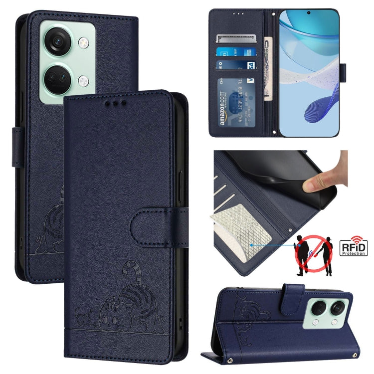 For OnePlus Ace 2V / Nord 3 Cat Rat Embossed Pattern RFID Leather Phone Case with Lanyard(Blue) by buy2fix