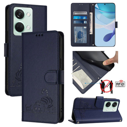 For OnePlus Ace 2V / Nord 3 Cat Rat Embossed Pattern RFID Leather Phone Case with Lanyard(Blue) by buy2fix
