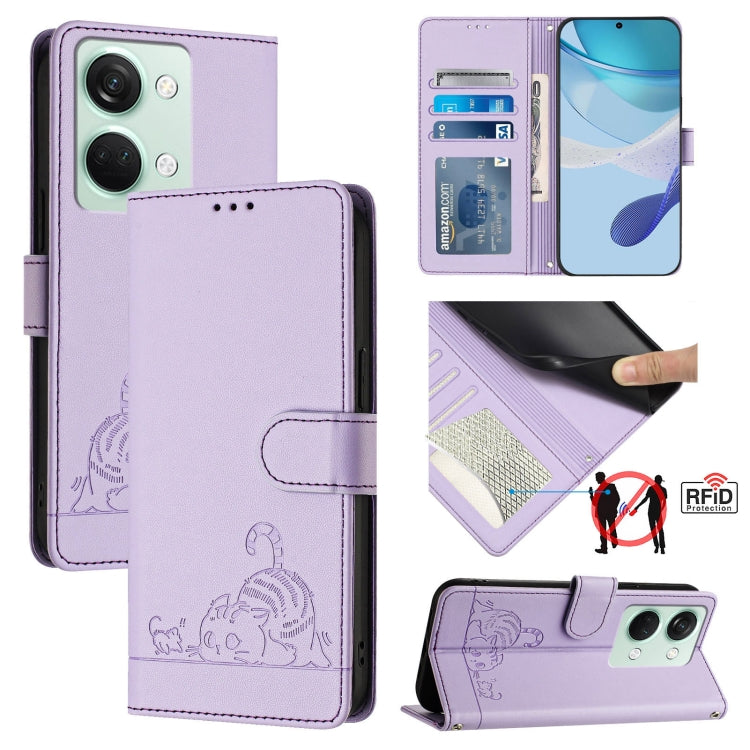 For OnePlus Ace 2V / Nord 3 Cat Rat Embossed Pattern RFID Leather Phone Case with Lanyard(Purple) by buy2fix
