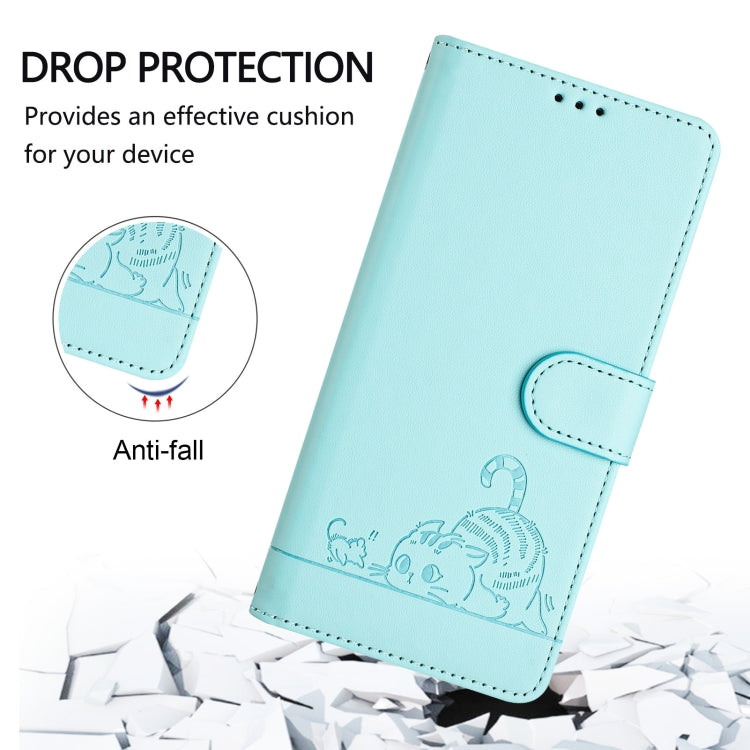 For OnePlus 11R 5G Global Cat Rat Embossed Pattern RFID Leather Phone Case with Lanyard(Mint Green) by buy2fix