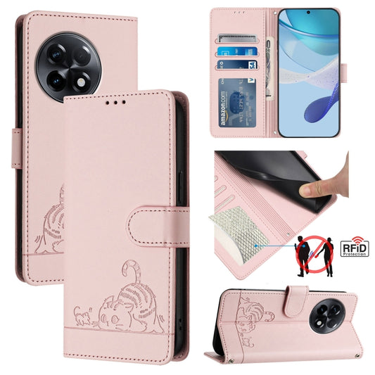 For OnePlus 11R 5G Global Cat Rat Embossed Pattern RFID Leather Phone Case with Lanyard(Pink) by buy2fix