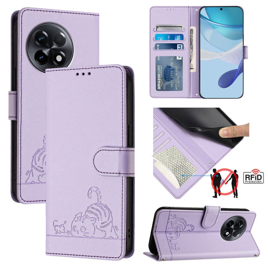 For OnePlus 11R 5G Global Cat Rat Embossed Pattern RFID Leather Phone Case with Lanyard(Purple) by buy2fix