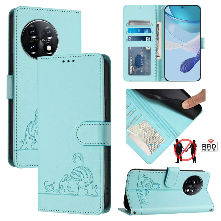 For OnePlus 11 Cat Rat Embossed Pattern RFID Leather Phone Case with Lanyard(Mint Green) by buy2fix