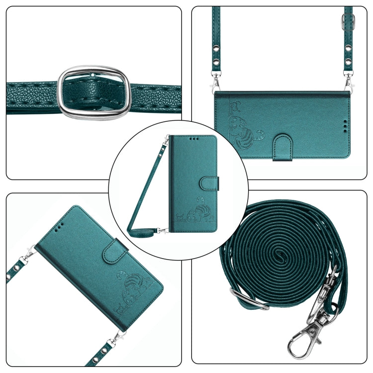 For OnePlus 11 Cat Rat Embossed Pattern RFID Leather Phone Case with Lanyard(Peacock Green) - OnePlus Cases by buy2fix | Online Shopping UK | buy2fix