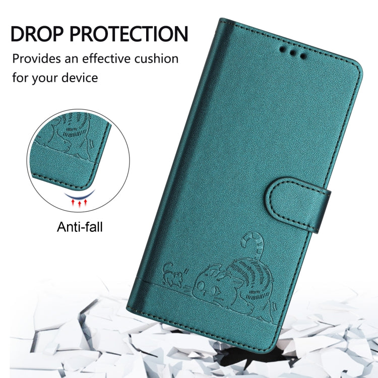 For OnePlus 11 Cat Rat Embossed Pattern RFID Leather Phone Case with Lanyard(Peacock Green) - OnePlus Cases by buy2fix | Online Shopping UK | buy2fix