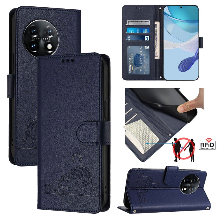 For OnePlus 11 Cat Rat Embossed Pattern RFID Leather Phone Case with Lanyard(Blue) - OnePlus Cases by buy2fix | Online Shopping UK | buy2fix