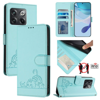 For OnePlus Ace Pro 5G Cat Rat Embossed Pattern RFID Leather Phone Case with Lanyard(Mint Green) by buy2fix