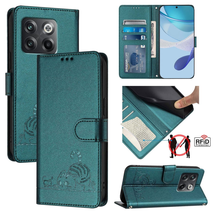 For OnePlus Ace Pro 5G Cat Rat Embossed Pattern RFID Leather Phone Case with Lanyard(Peacock Green) by buy2fix