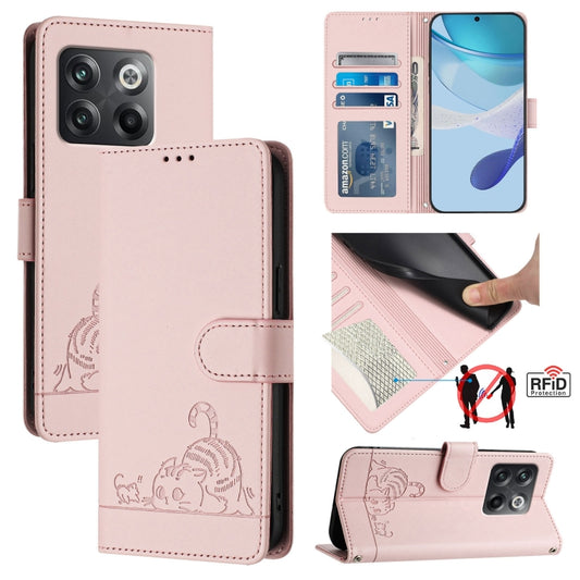 For OnePlus 10T 5G Global Cat Rat Embossed Pattern RFID Leather Phone Case with Lanyard(Pink) by buy2fix