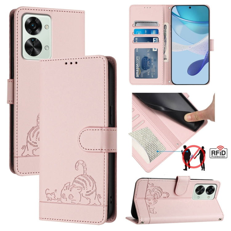 ForFor OnePlus Nord 2T Cat Rat Embossed Pattern RFID Leather Phone Case with Lanyard(Pink) by buy2fix