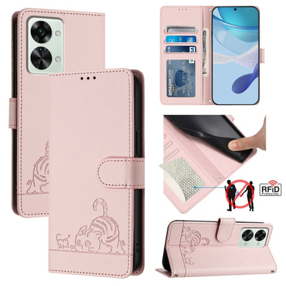 ForFor OnePlus Nord 2T Cat Rat Embossed Pattern RFID Leather Phone Case with Lanyard(Pink) by buy2fix