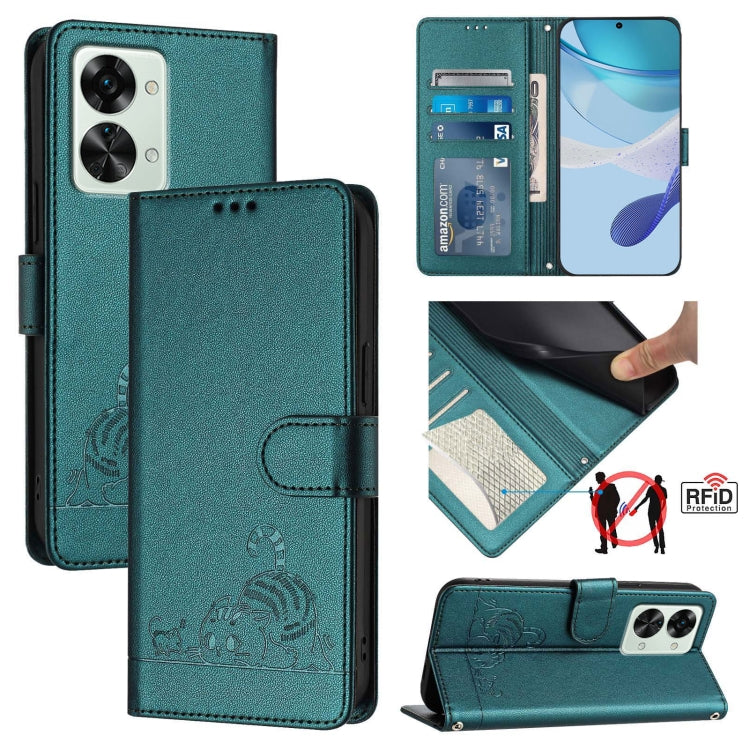 ForFor OnePlus Nord 2T Cat Rat Embossed Pattern RFID Leather Phone Case with Lanyard(Peacock Green) by buy2fix