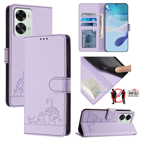 ForFor OnePlus Nord 2T Cat Rat Embossed Pattern RFID Leather Phone Case with Lanyard(Purple) by buy2fix