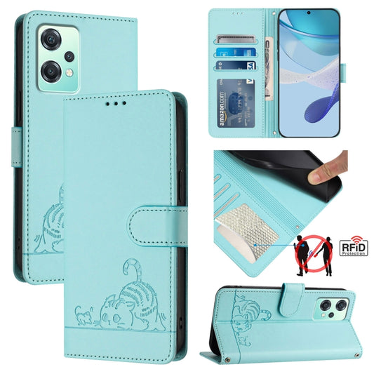 For OnePlus Nord CE 2 Lite Cat Rat Embossed Pattern RFID Leather Phone Case with Lanyard(Mint Green) by buy2fix