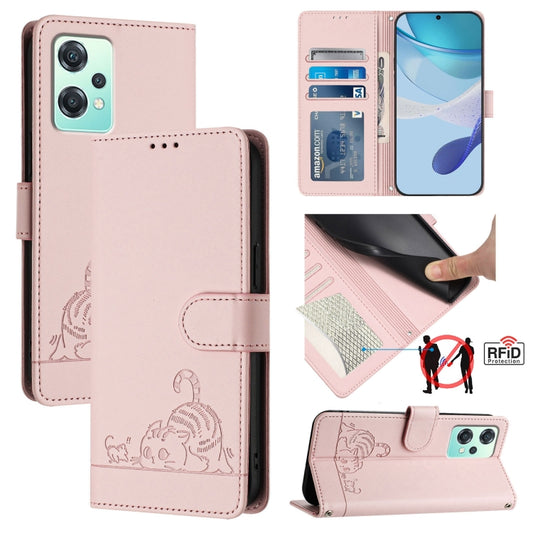 For OnePlus Nord CE 2 Lite Cat Rat Embossed Pattern RFID Leather Phone Case with Lanyard(Pink) by buy2fix