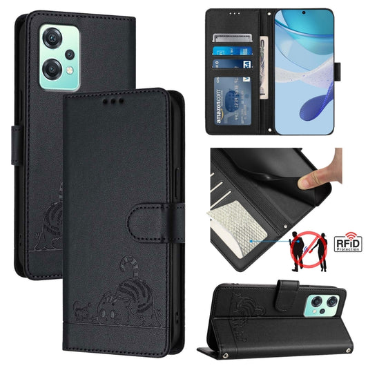 For OnePlus Nord CE 2 Lite Cat Rat Embossed Pattern RFID Leather Phone Case with Lanyard(Black) by buy2fix
