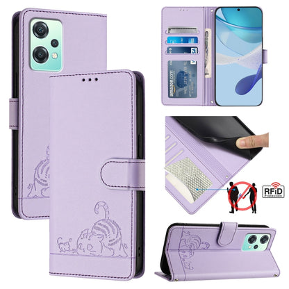 For OnePlus Nord CE 2 Lite Cat Rat Embossed Pattern RFID Leather Phone Case with Lanyard(Purple) by buy2fix