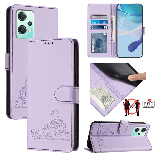 For OnePlus Nord CE 2 Lite Cat Rat Embossed Pattern RFID Leather Phone Case with Lanyard(Purple) by buy2fix