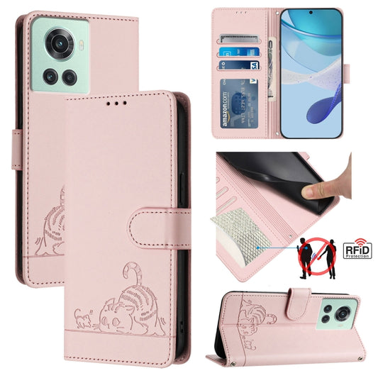 For OnePlus 10R / ACE / 10R Prime Cat Rat Embossed Pattern RFID Leather Phone Case with Lanyard(Pink) by buy2fix