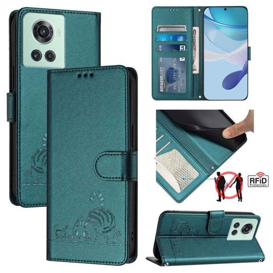 For OnePlus 10R / ACE / 10R Prime Cat Rat Embossed Pattern RFID Leather Phone Case with Lanyard(Peacock Green) by buy2fix
