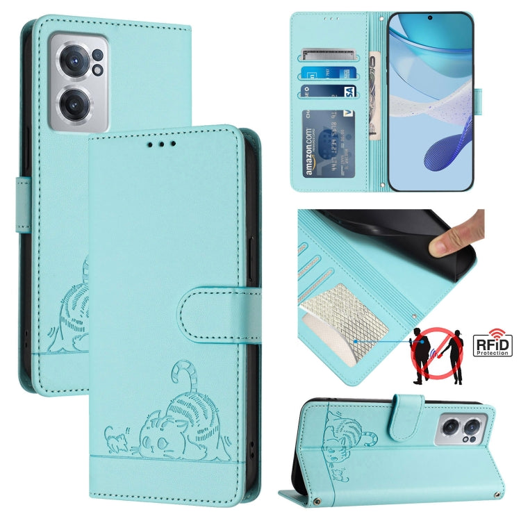 For OnePlus Nord CE 2 5G Cat Rat Embossed Pattern RFID Leather Phone Case with Lanyard(Mint Green) by buy2fix
