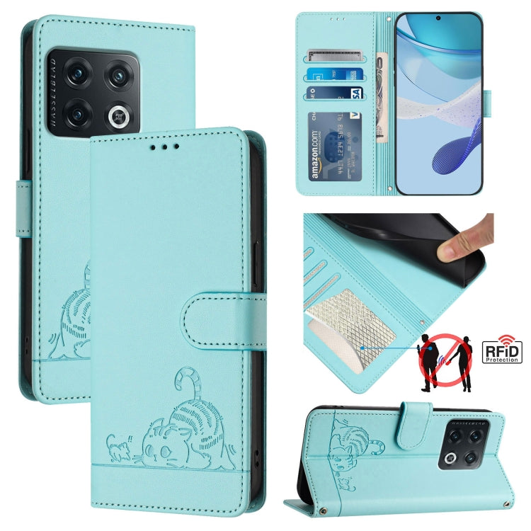 For OnePlus 10 Pro 5G Cat Rat Embossed Pattern RFID Leather Phone Case with Lanyard(Mint Green) by buy2fix