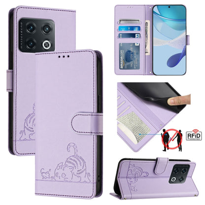 For OnePlus 10 Pro 5G Cat Rat Embossed Pattern RFID Leather Phone Case with Lanyard(Purple) by buy2fix