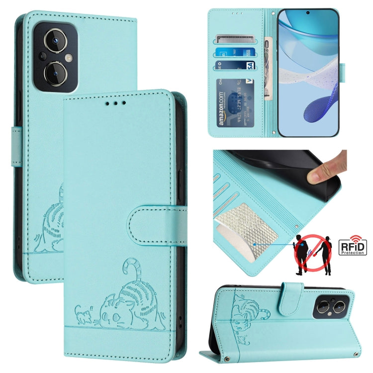 For OnePlus Nord N20 5G Cat Rat Embossed Pattern RFID Leather Phone Case with Lanyard(Mint Green) by buy2fix