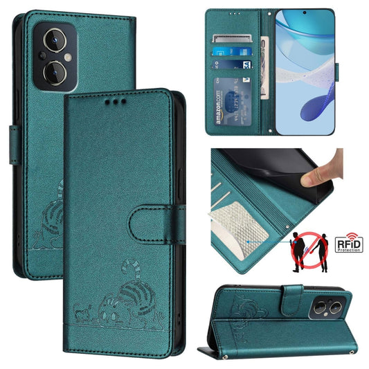 For OnePlus Nord N20 5G Cat Rat Embossed Pattern RFID Leather Phone Case with Lanyard(Peacock Green) by buy2fix