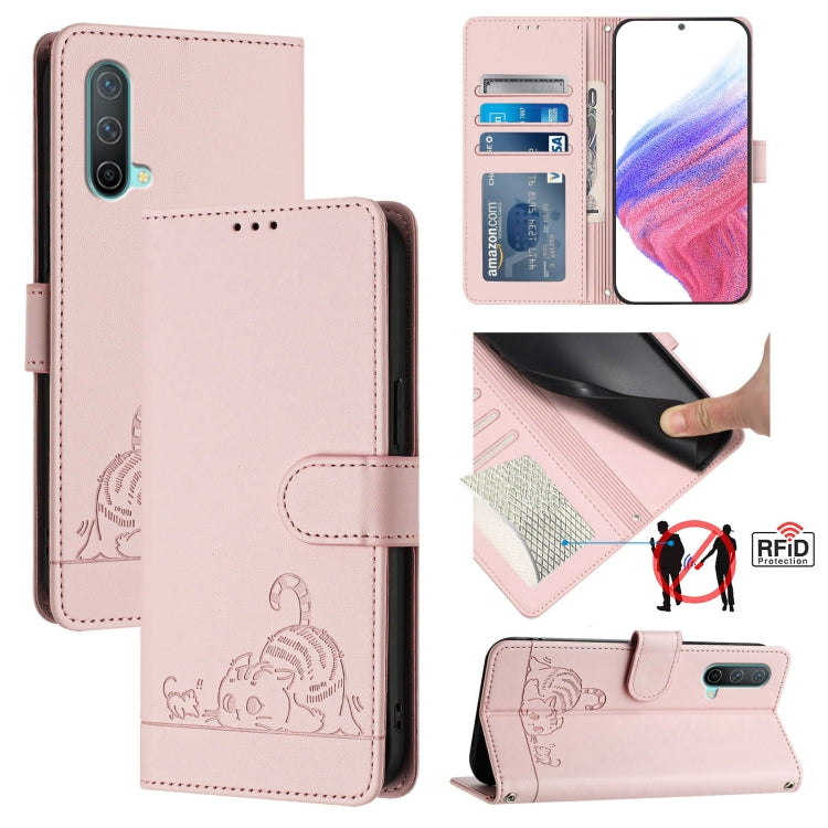 For OnePlus Nord CE 5G Cat Rat Embossed Pattern RFID Leather Phone Case with Lanyard(Pink) by buy2fix