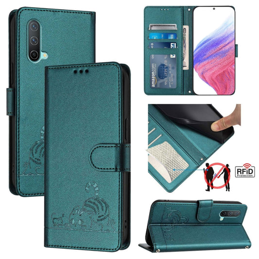 For OnePlus Nord CE 5G Cat Rat Embossed Pattern RFID Leather Phone Case with Lanyard(Peacock Green) by buy2fix