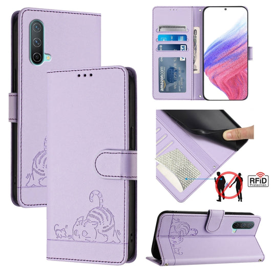 For OnePlus Nord CE 5G Cat Rat Embossed Pattern RFID Leather Phone Case with Lanyard(Purple) by buy2fix
