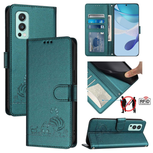 For OnePlus Nord 2 Cat Rat Embossed Pattern RFID Leather Phone Case with Lanyard(Peacock Green) by buy2fix