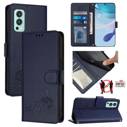For OnePlus Nord 2 Cat Rat Embossed Pattern RFID Leather Phone Case with Lanyard(Blue) by buy2fix