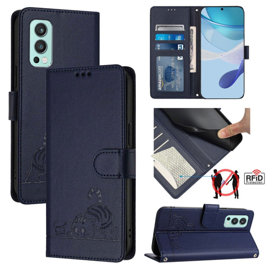 For OnePlus Nord 2 Cat Rat Embossed Pattern RFID Leather Phone Case with Lanyard(Blue) by buy2fix