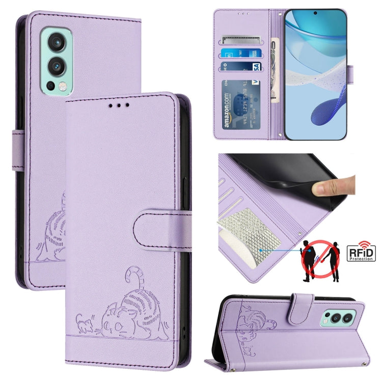 For OnePlus Nord 2 Cat Rat Embossed Pattern RFID Leather Phone Case with Lanyard(Purple) by buy2fix