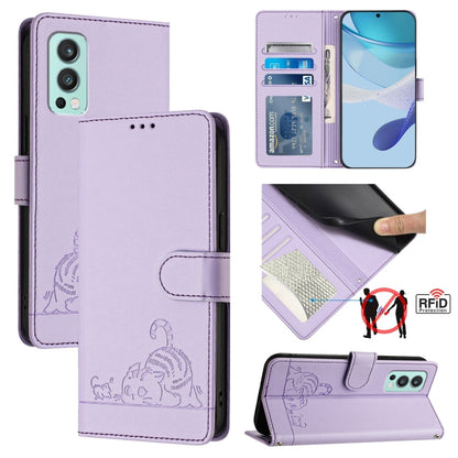 For OnePlus Nord 2 Cat Rat Embossed Pattern RFID Leather Phone Case with Lanyard(Purple) by buy2fix