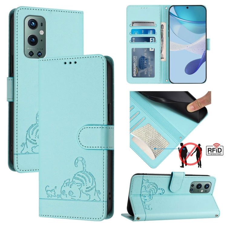 For OnePlus 9 Pro Cat Rat Embossed Pattern RFID Leather Phone Case with Lanyard(Mint Green) by buy2fix