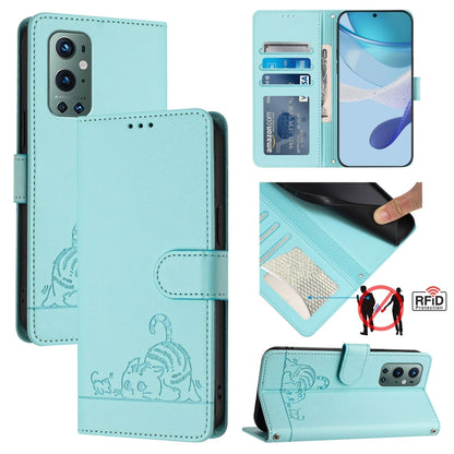 For OnePlus 9 Pro Cat Rat Embossed Pattern RFID Leather Phone Case with Lanyard(Mint Green) by buy2fix