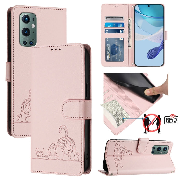 For OnePlus 9 Pro Cat Rat Embossed Pattern RFID Leather Phone Case with Lanyard(Pink) by buy2fix