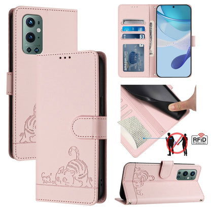 For OnePlus 9 Pro Cat Rat Embossed Pattern RFID Leather Phone Case with Lanyard(Pink) by buy2fix