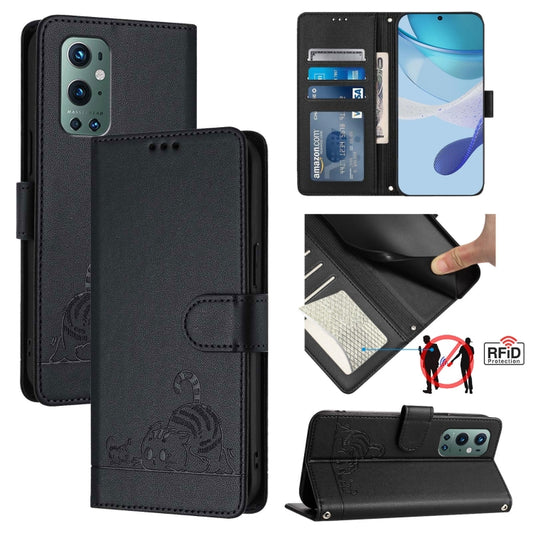 For OnePlus 9 Pro Cat Rat Embossed Pattern RFID Leather Phone Case with Lanyard(Black) by buy2fix
