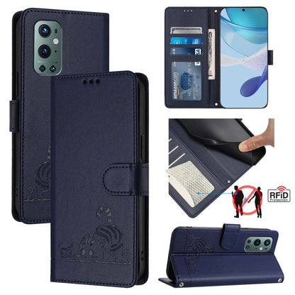 For OnePlus 9 Pro Cat Rat Embossed Pattern RFID Leather Phone Case with Lanyard(Blue) by buy2fix