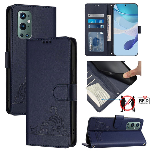 For OnePlus 9 Pro Cat Rat Embossed Pattern RFID Leather Phone Case with Lanyard(Blue) by buy2fix