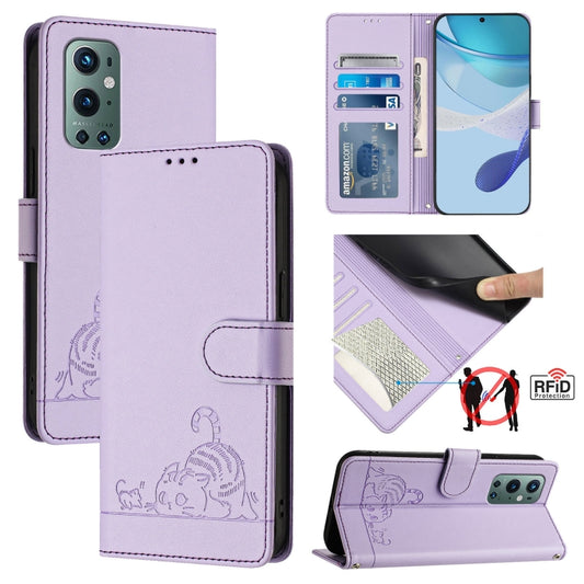 For OnePlus 9 Pro Cat Rat Embossed Pattern RFID Leather Phone Case with Lanyard(Purple) by buy2fix