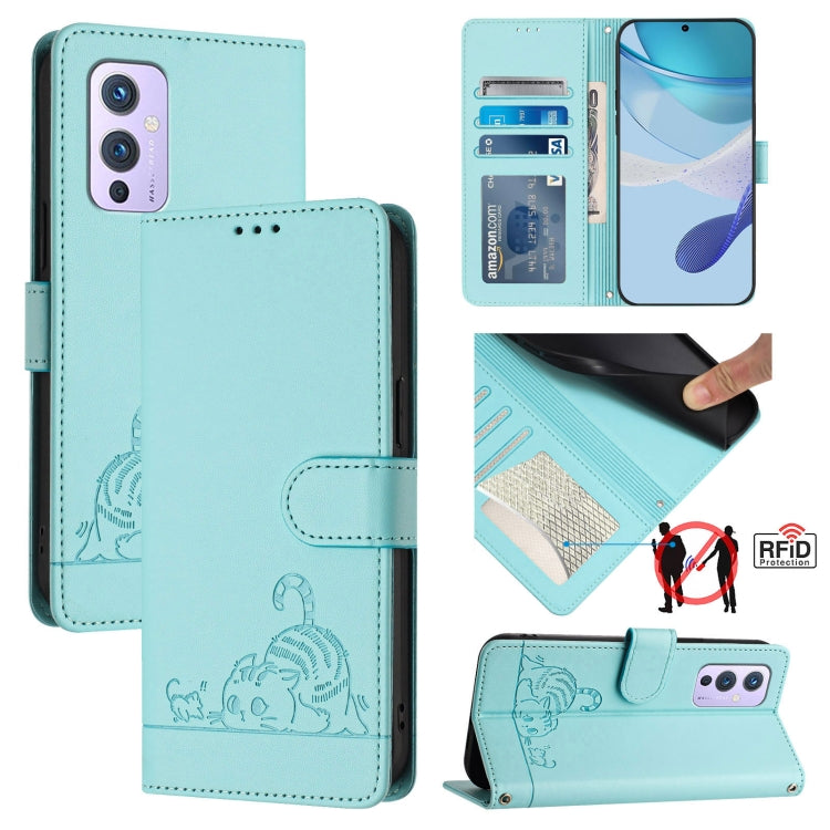 For OnePlus 9 Cat Rat Embossed Pattern RFID Leather Phone Case with Lanyard(Mint Green) by buy2fix